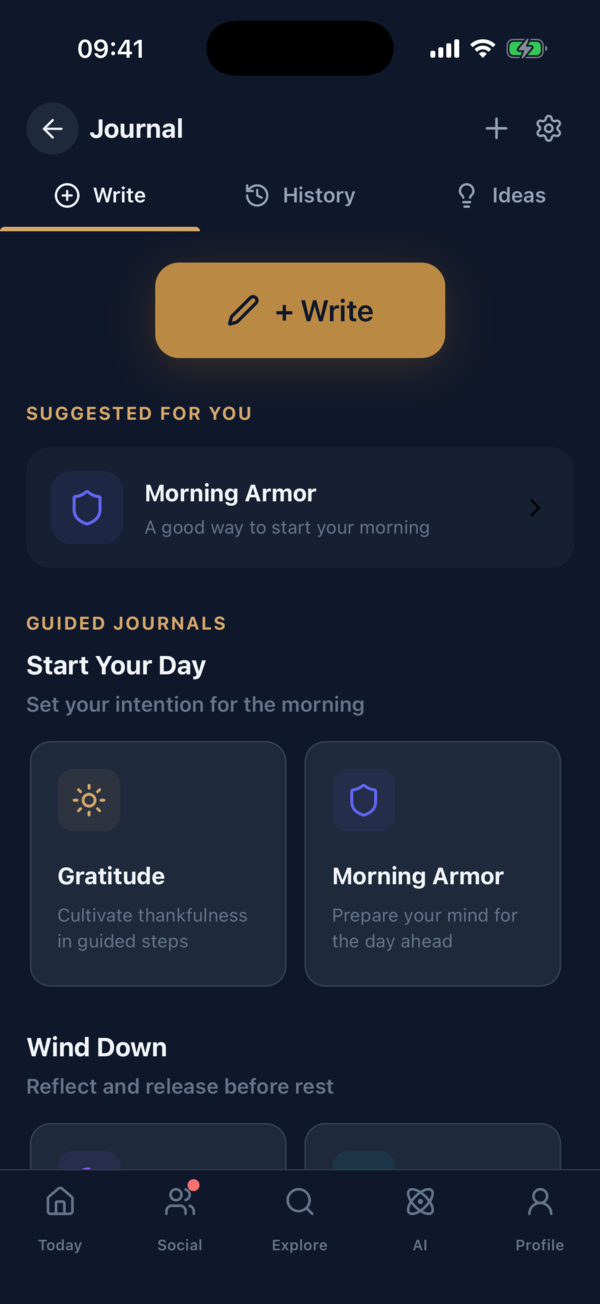 The journaling hub showing categories of guided journals