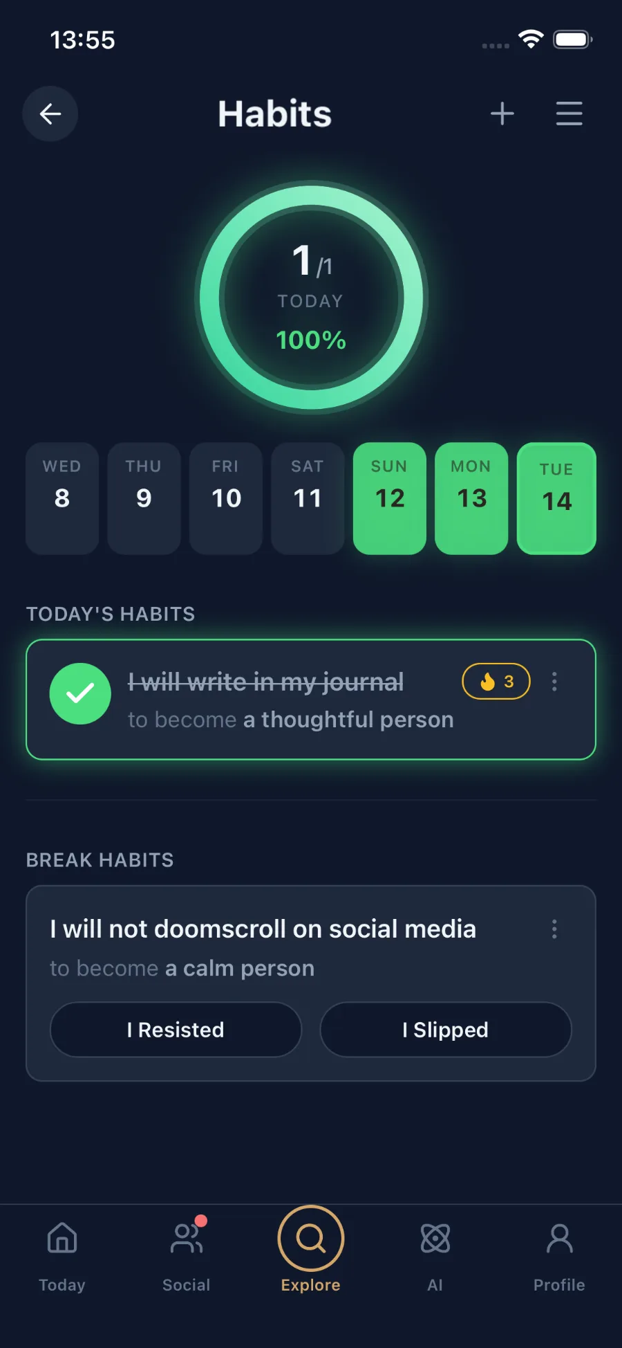 Habit tracking with streaks in the Inwork app