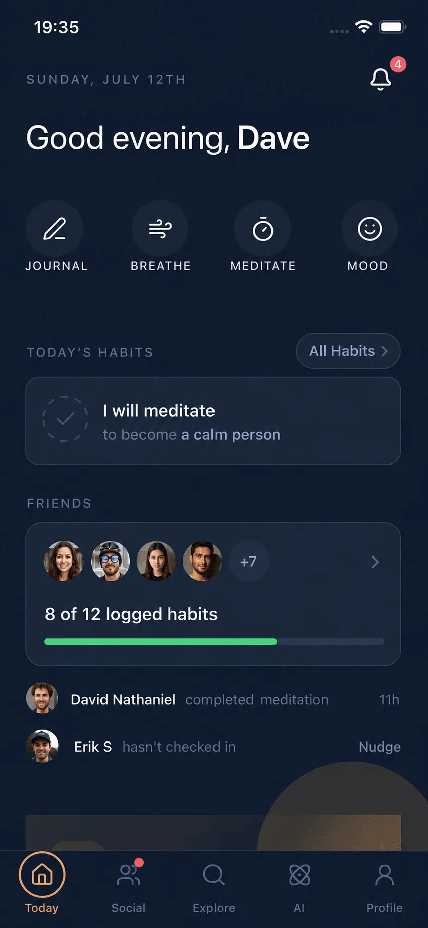 The Inwork app Explore screen showing paths for growth, habits, journaling, and meditation